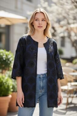 RUNGOLEE JACKET LAGENLOOK LONGLINE BLUE BLACK EMBROIDERED BOHEMIAN MINIMALIST
